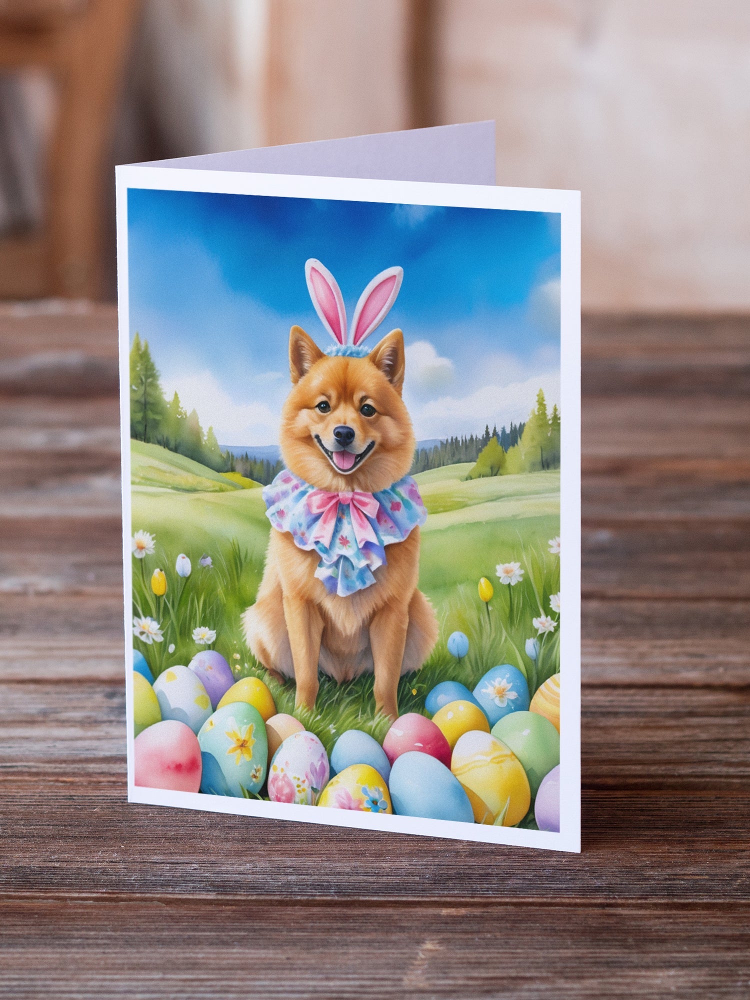 Finnish Spitz Easter Egg Hunt Greeting Cards Pack of 8 Blank Cards with Envelopes Whimsical A7 Size 5x7