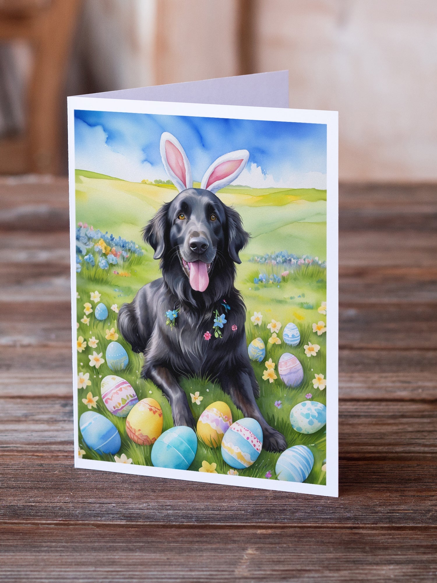 Flat-Coated Retriever Easter Egg Hunt Greeting Cards Pack of 8 Blank Cards with Envelopes Whimsical A7 Size 5x7