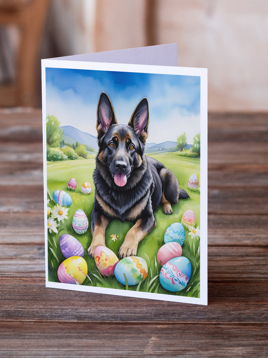 Black German Shepherd Easter Egg Hunt Greeting Cards Pack of 8 Blank Cards with Envelopes Whimsical A7 Size 5x7