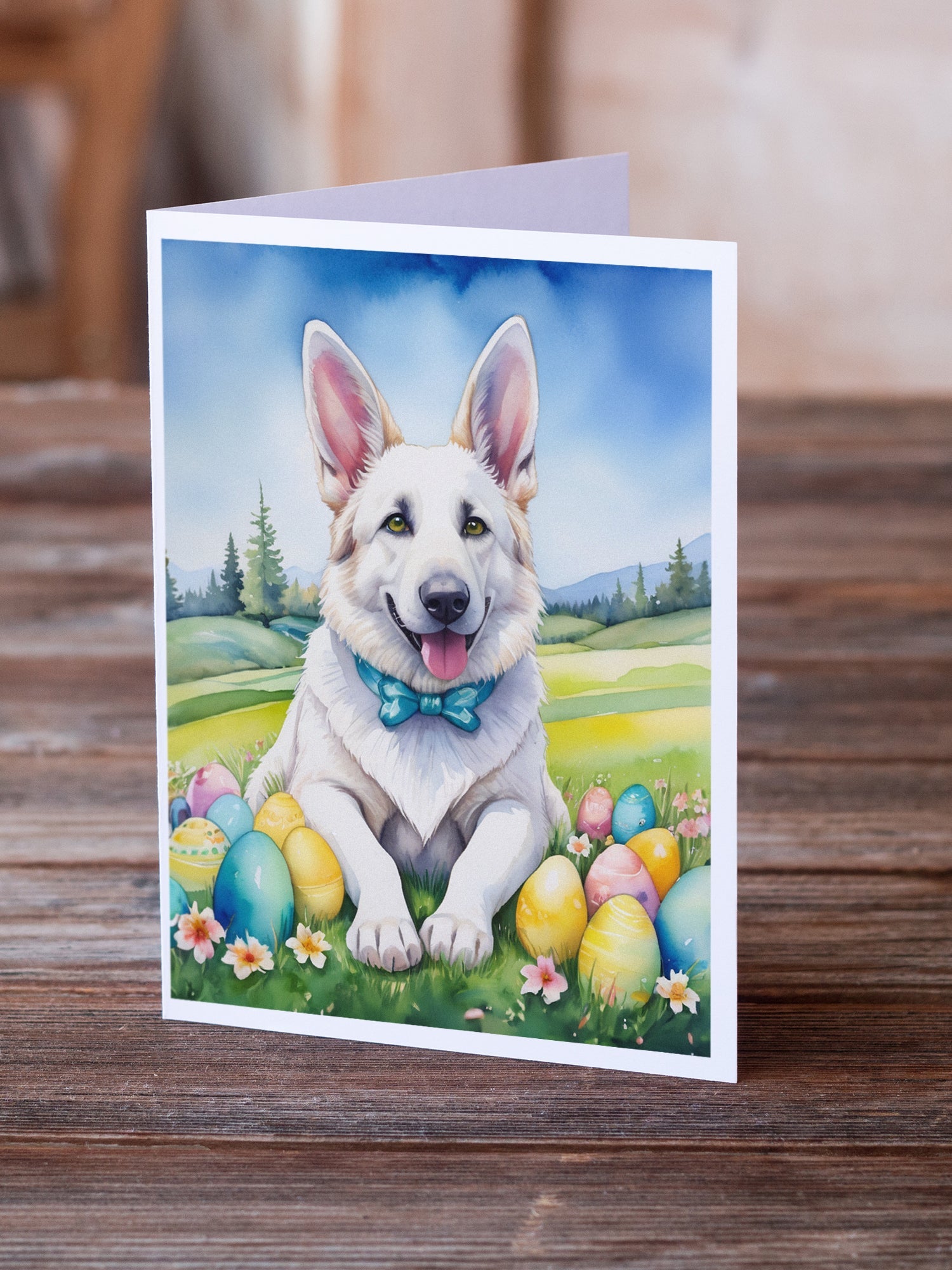White German Shepherd Easter Egg Hunt Greeting Cards Pack of 8 Blank Cards with Envelopes Whimsical A7 Size 5x7