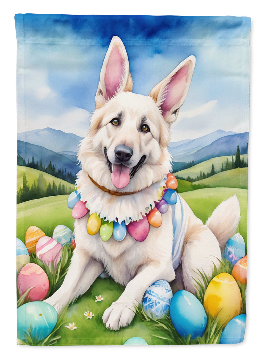 White German Shepherd Easter Egg Hunt House Flag 28x40 Porch Sleeve Pole Decorative Outside Yard Banner Artwork Wall Hanging, Polyester