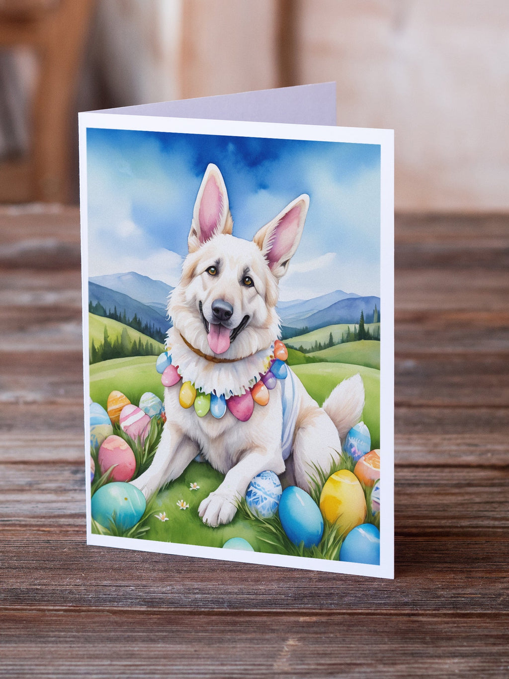 White German Shepherd Easter Egg Hunt Greeting Cards Pack of 8 Blank Cards with Envelopes Whimsical A7 Size 5x7