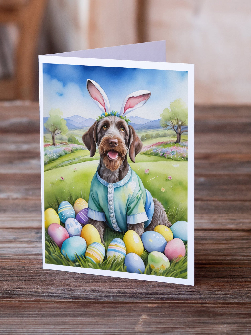 German Wirehaired Pointer Easter Egg Hunt Greeting Cards Pack of 8 Blank Cards with Envelopes Whimsical A7 Size 5x7