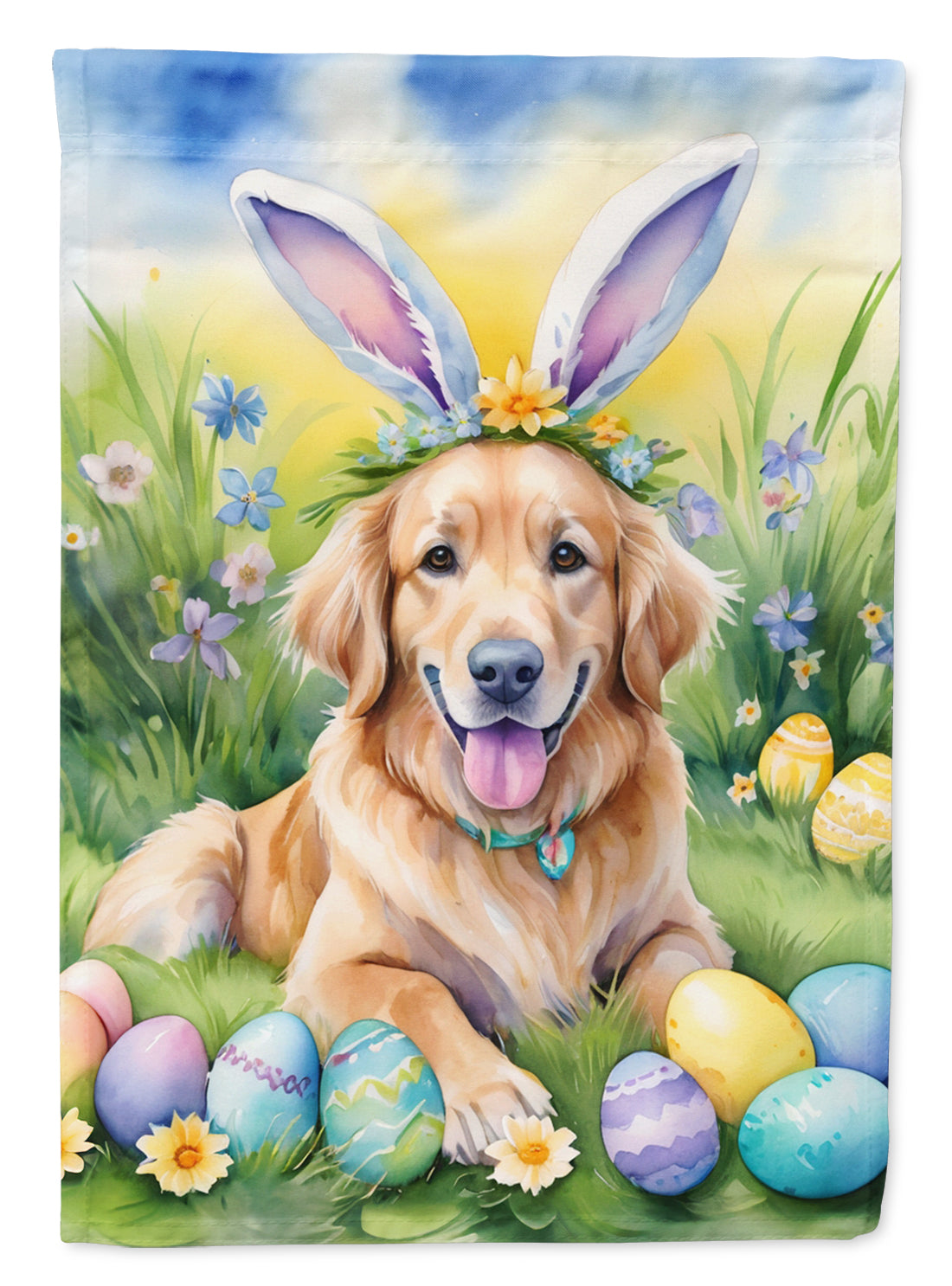Golden Retriever Easter Egg Hunt House Flag 28x40 Porch Sleeve Pole Decorative Outside Yard Banner Artwork Wall Hanging, Polyester