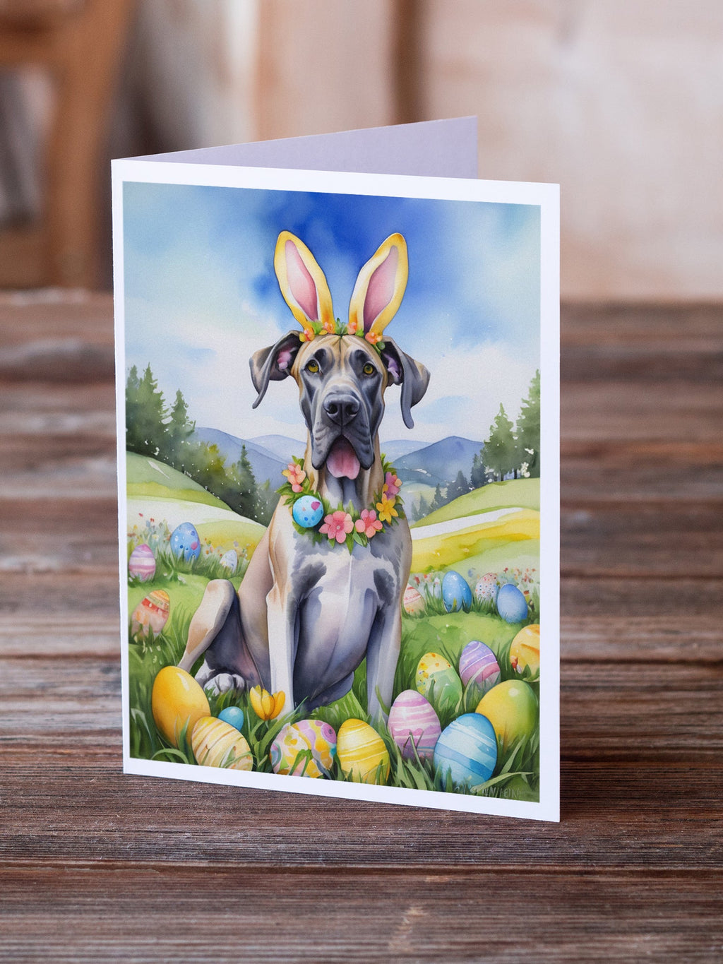 Great Dane Easter Egg Hunt Greeting Cards Pack of 8 Blank Cards with Envelopes Whimsical A7 Size 5x7