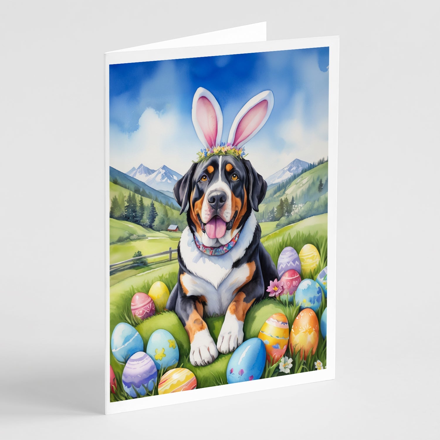 Greater Swiss Mountain Dog Easter Egg Hunt Greeting Cards Pack of 8 Blank Cards with Envelopes Whimsical A7 Size 5x7