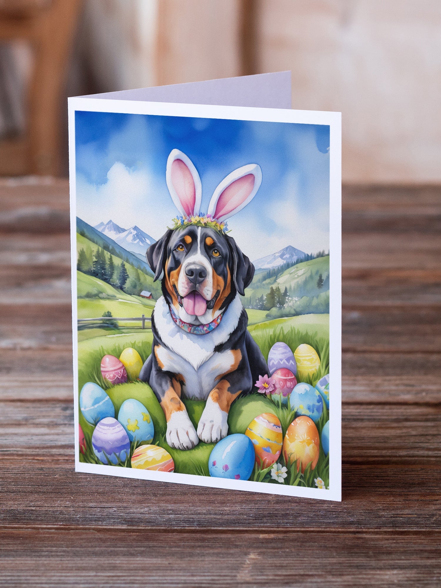 Greater Swiss Mountain Dog Easter Egg Hunt Greeting Cards Pack of 8 Blank Cards with Envelopes Whimsical A7 Size 5x7
