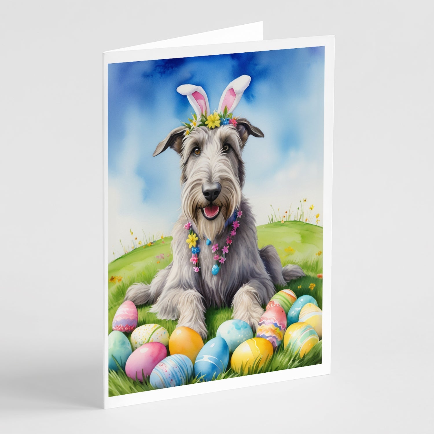 Irish Wolfhound Easter Egg Hunt Greeting Cards Pack of 8 Blank Cards with Envelopes Whimsical A7 Size 5x7