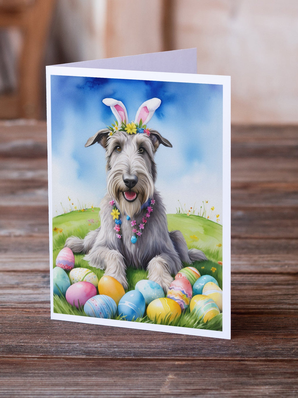 Irish Wolfhound Easter Egg Hunt Greeting Cards Pack of 8 Blank Cards with Envelopes Whimsical A7 Size 5x7