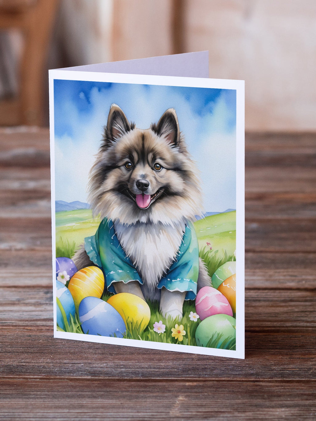 Keeshond Easter Egg Hunt Greeting Cards Pack of 8 Blank Cards with Envelopes Whimsical A7 Size 5x7