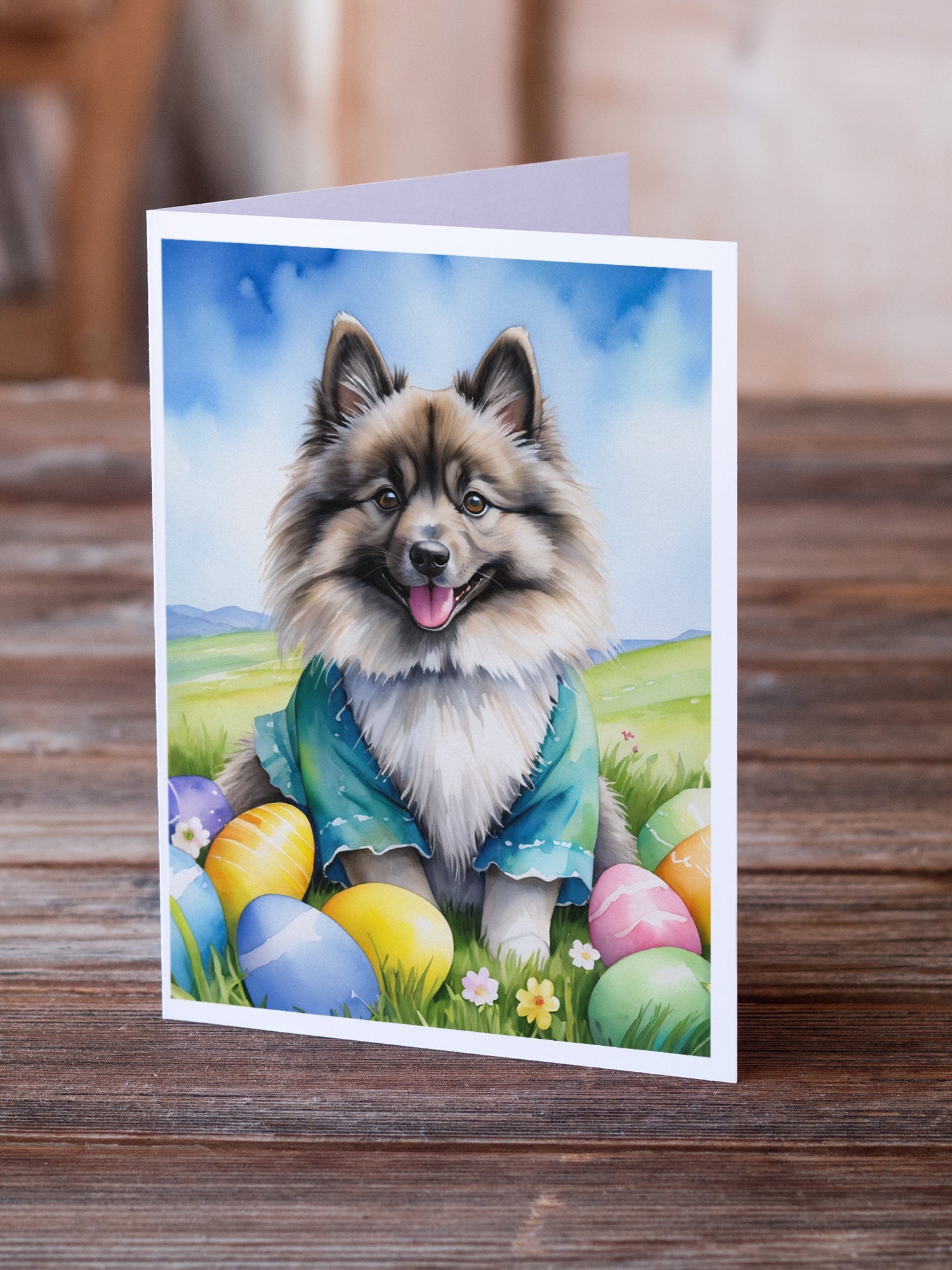 Keeshond Easter Egg Hunt Greeting Cards Pack of 8 Blank Cards with Envelopes Whimsical A7 Size 5x7