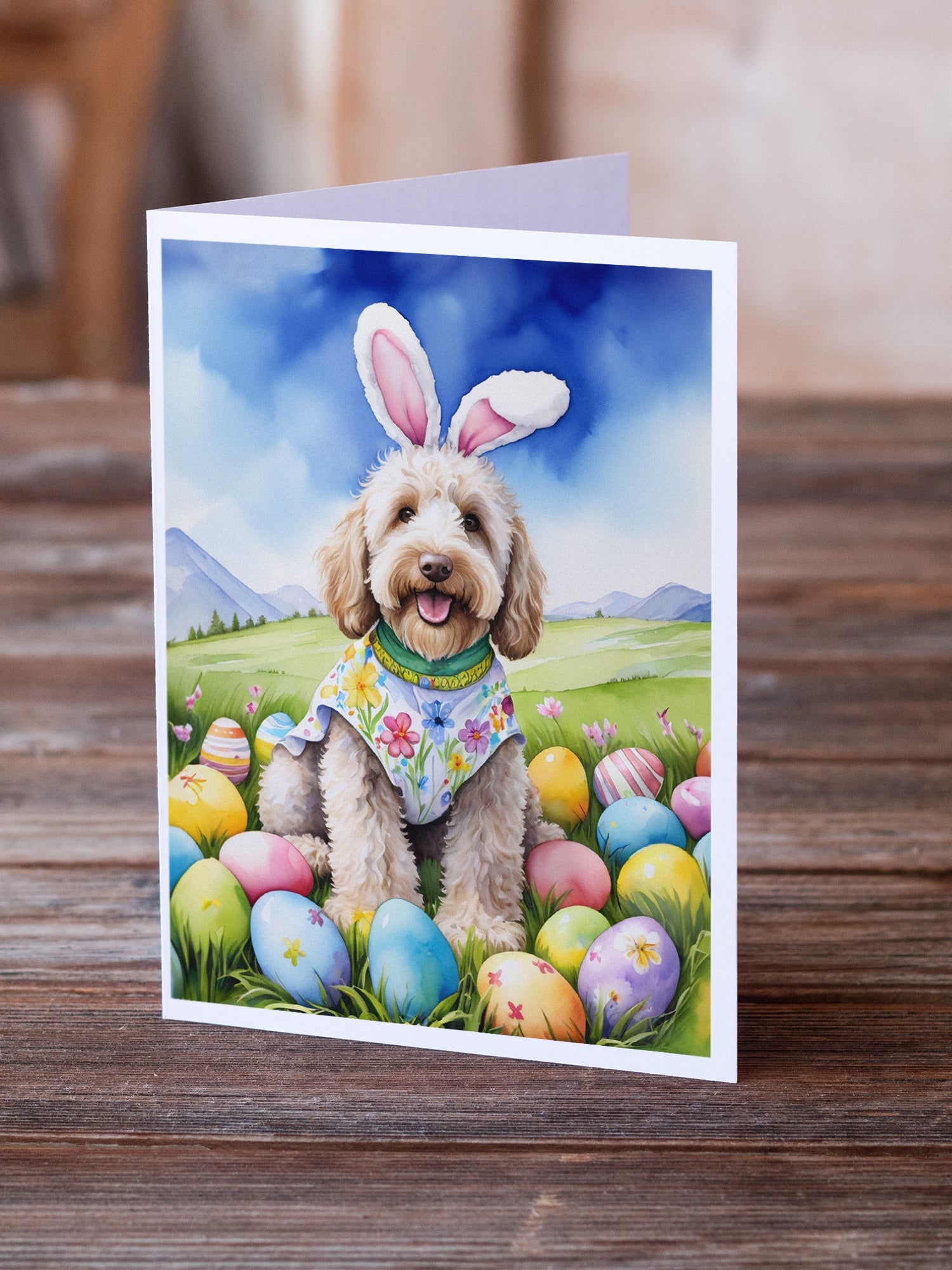 Labradoodle Easter Egg Hunt Greeting Cards Pack of 8 Blank Cards with Envelopes Whimsical A7 Size 5x7