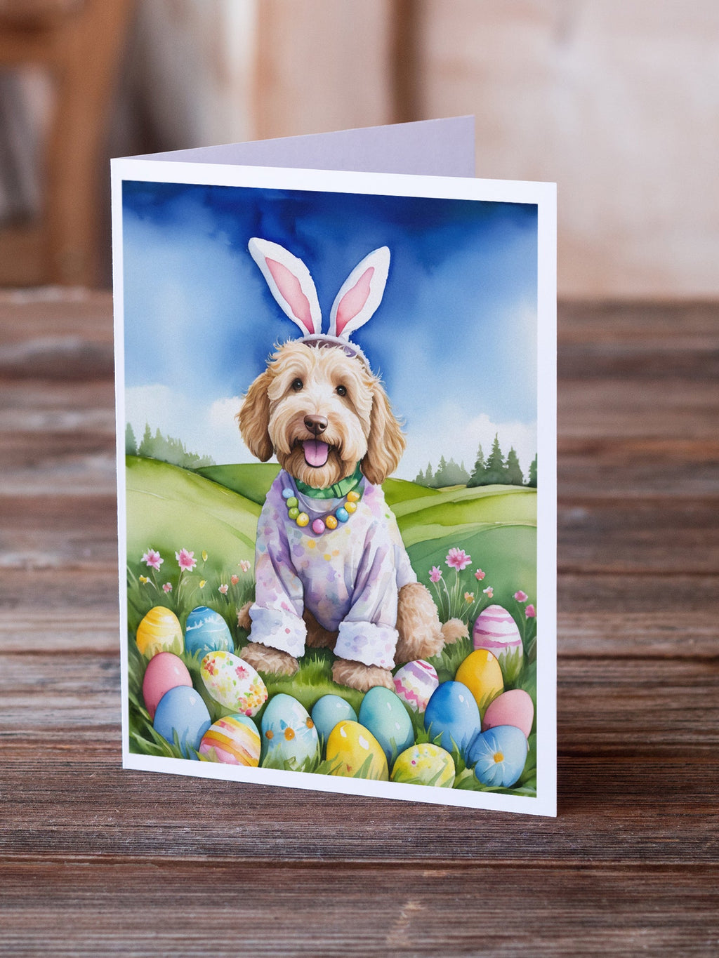 Labradoodle Easter Egg Hunt Greeting Cards Pack of 8 Blank Cards with Envelopes Whimsical A7 Size 5x7
