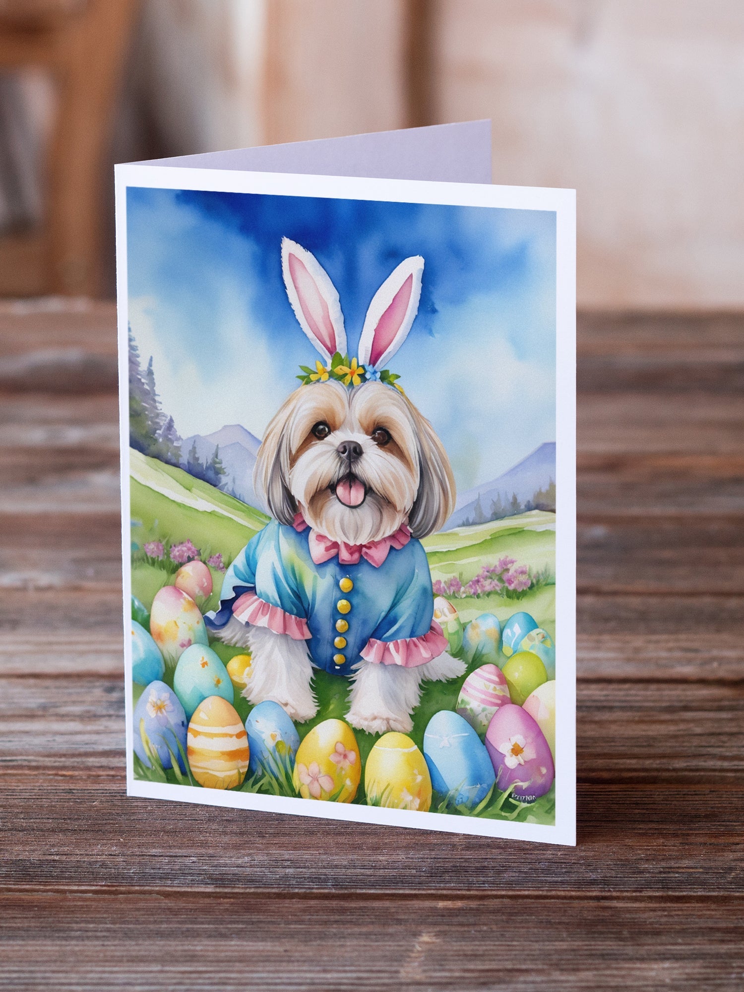 Lhasa Apso Easter Egg Hunt Greeting Cards Pack of 8 Blank Cards with Envelopes Whimsical A7 Size 5x7