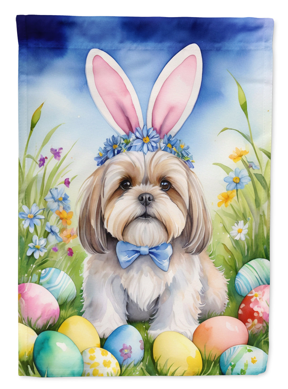 Lhasa Apso Easter Egg Hunt House Flag 28x40 Porch Sleeve Pole Decorative Outside Yard Banner Artwork Wall Hanging, Polyester