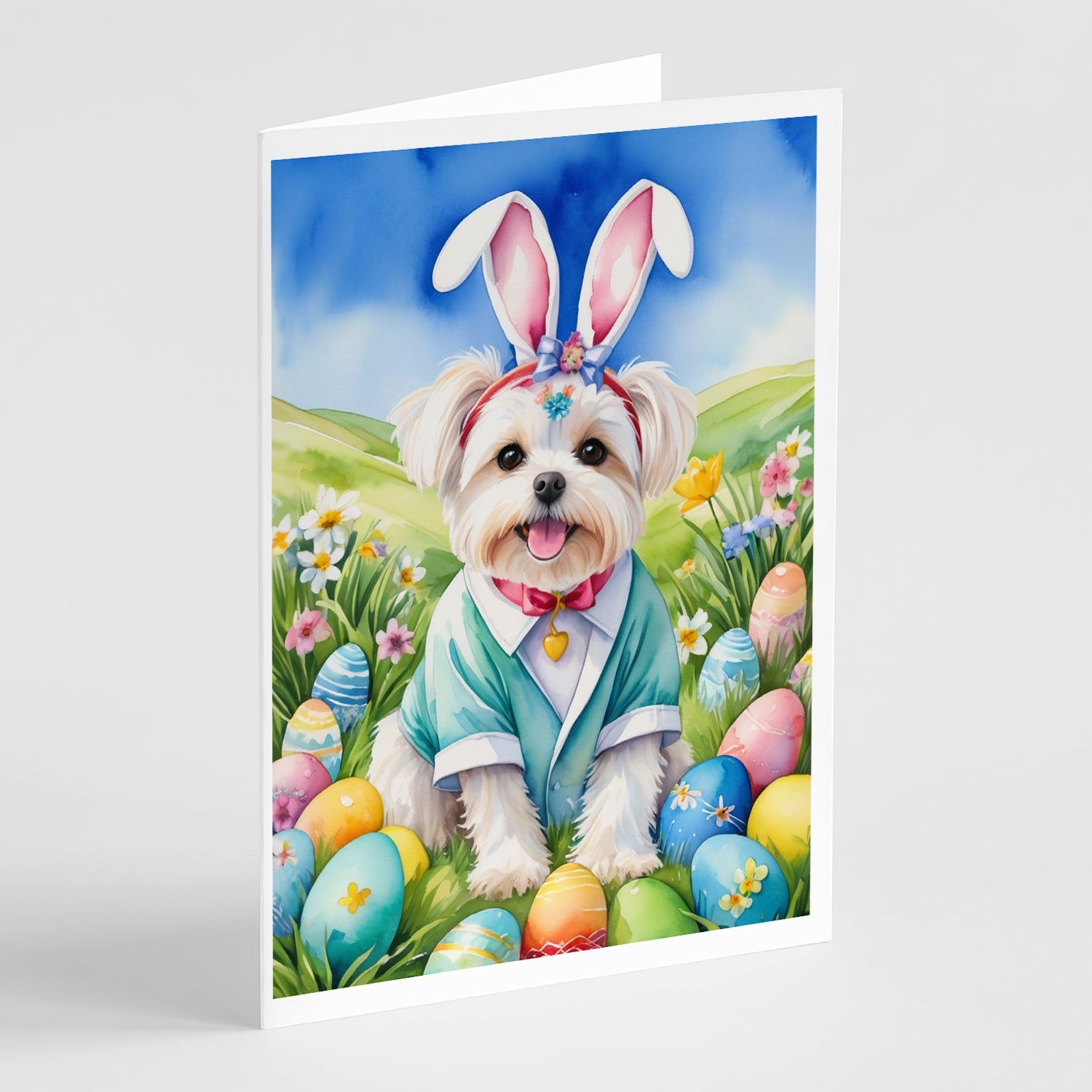 Maltese Easter Egg Hunt Greeting Cards Pack of 8 Blank Cards with Envelopes Whimsical A7 Size 5x7