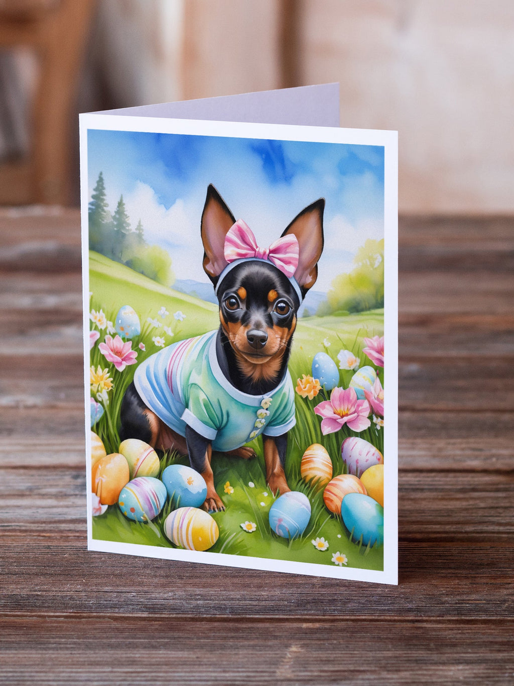 Miniature Pinscher Easter Egg Hunt Greeting Cards Pack of 8 Blank Cards with Envelopes Whimsical A7 Size 5x7