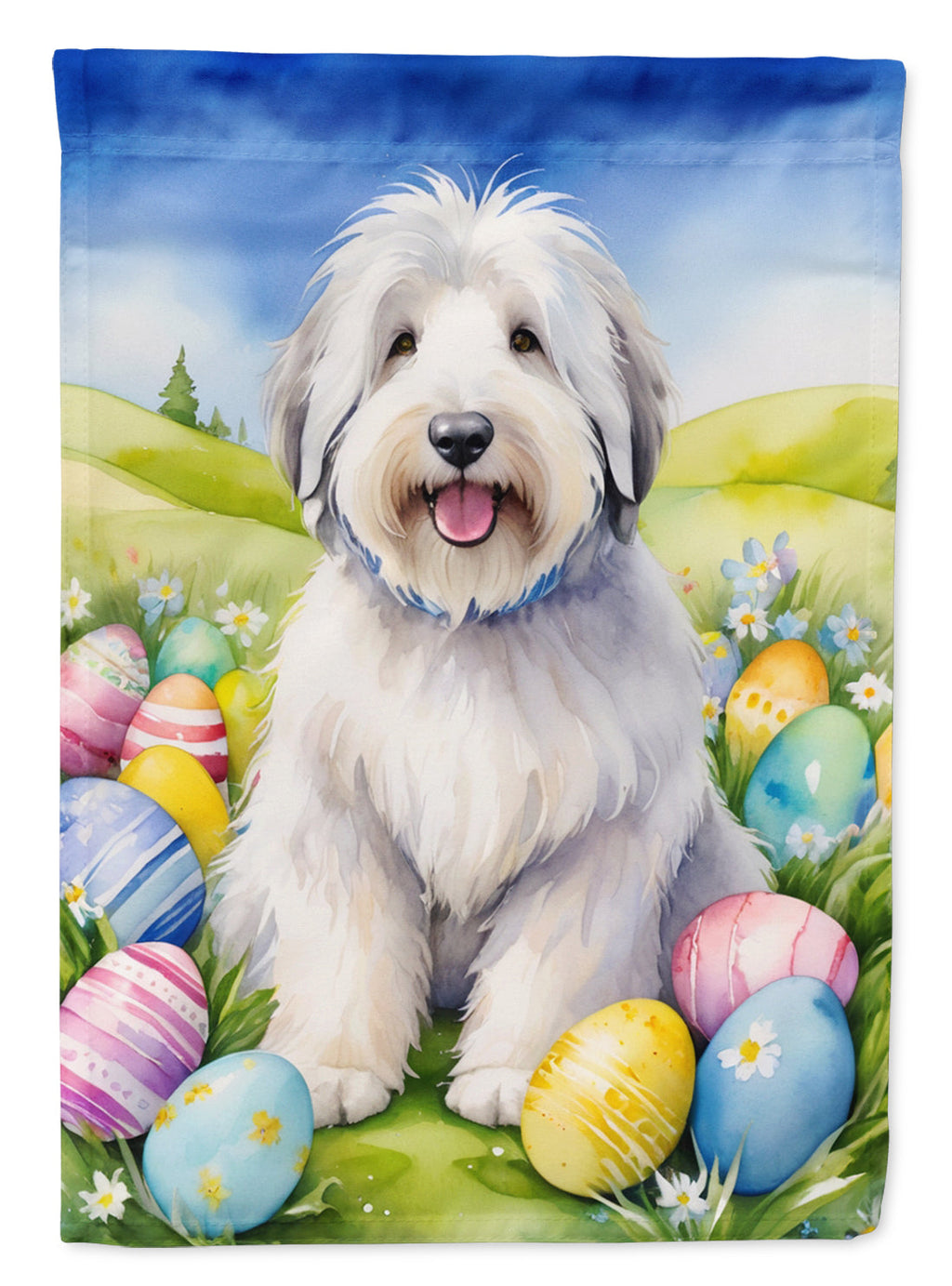 Old English Sheepdog Easter Egg Hunt House Flag 28x40 Porch Sleeve Pole Decorative Outside Yard Banner Artwork Wall Hanging, Polyester