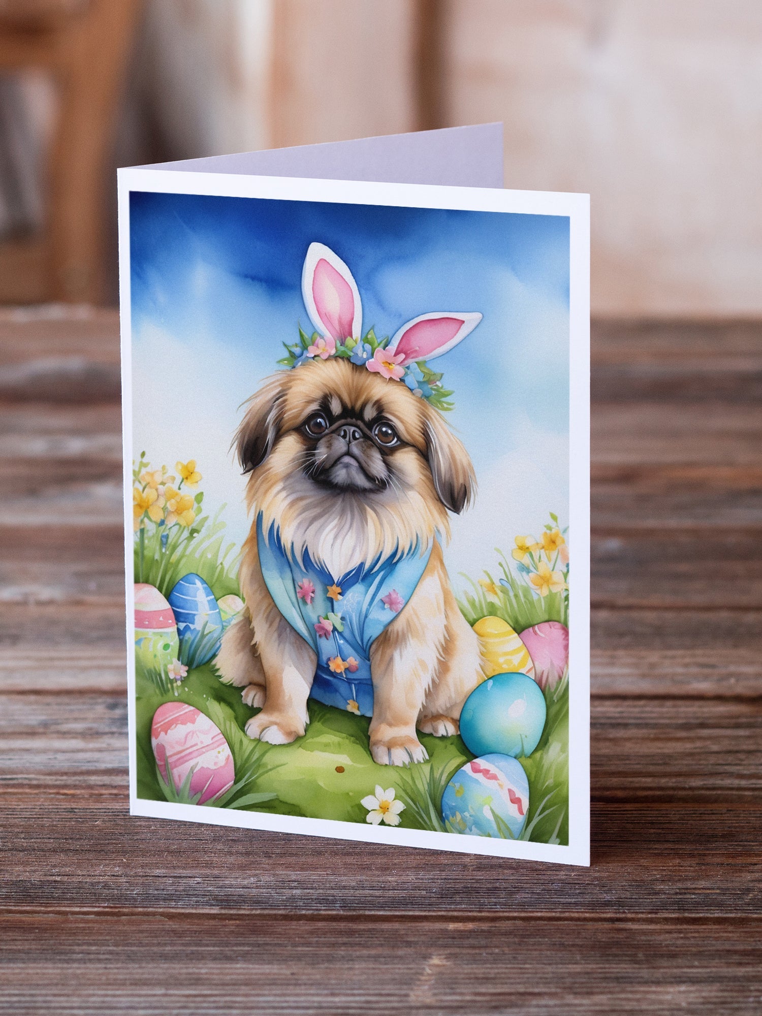 Pekingese Easter Egg Hunt Greeting Cards Pack of 8 Blank Cards with Envelopes Whimsical A7 Size 5x7