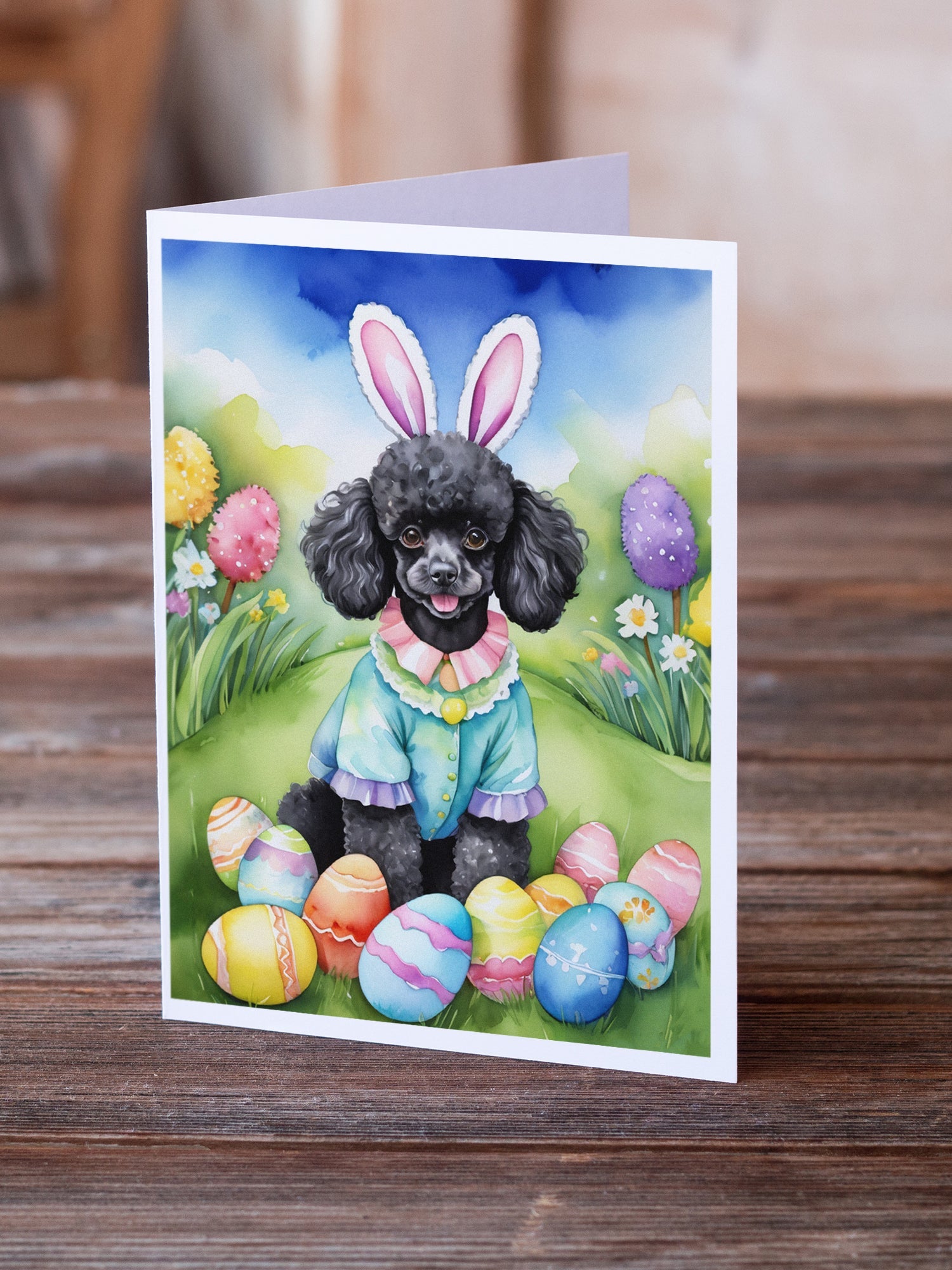 Black Poodle Easter Egg Hunt Greeting Cards Pack of 8 Blank Cards with Envelopes Whimsical A7 Size 5x7