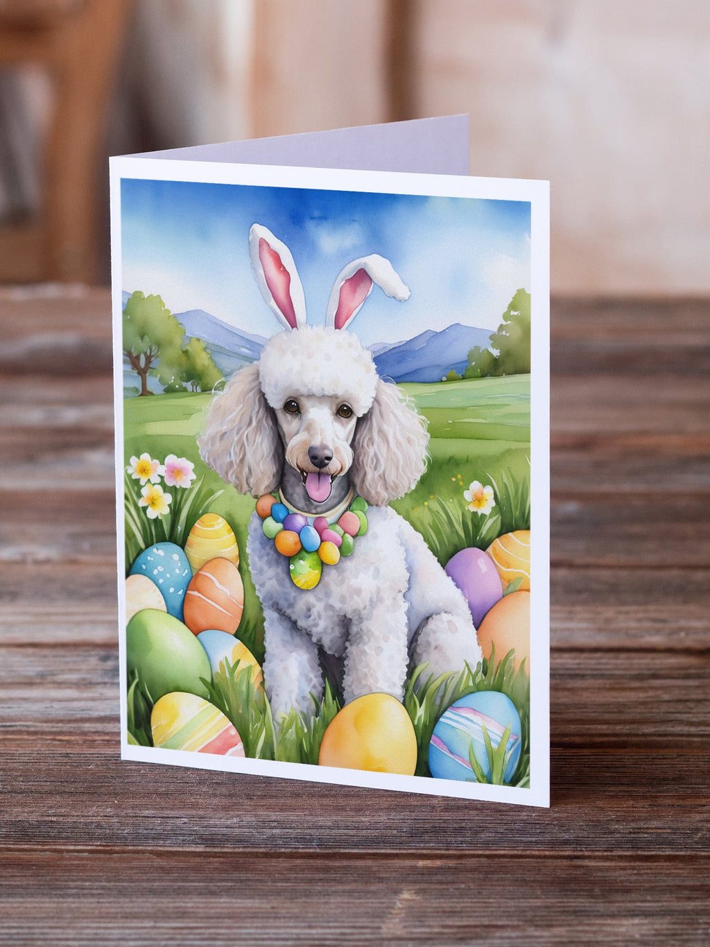 White Poodle Easter Egg Hunt Greeting Cards Pack of 8 Blank Cards with Envelopes Whimsical A7 Size 5x7
