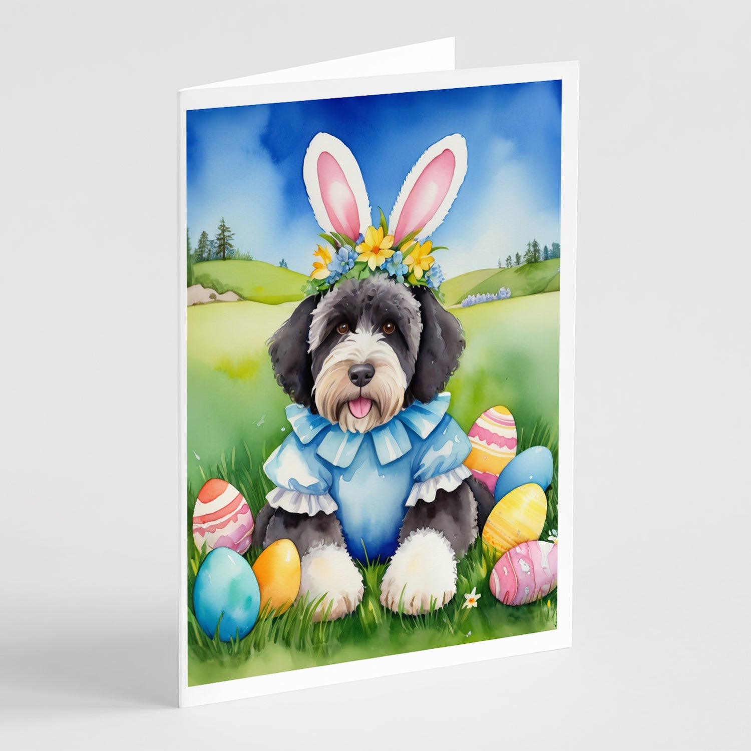Portuguese Water Dog Easter Egg Hunt Greeting Cards Pack of 8 Blank Cards with Envelopes Whimsical A7 Size 5x7