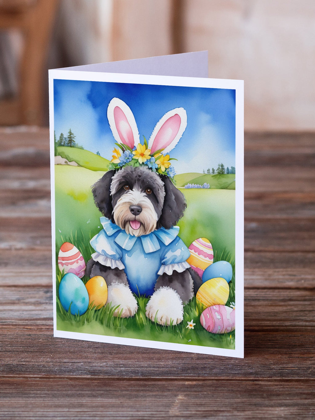 Portuguese Water Dog Easter Egg Hunt Greeting Cards Pack of 8 Blank Cards with Envelopes Whimsical A7 Size 5x7