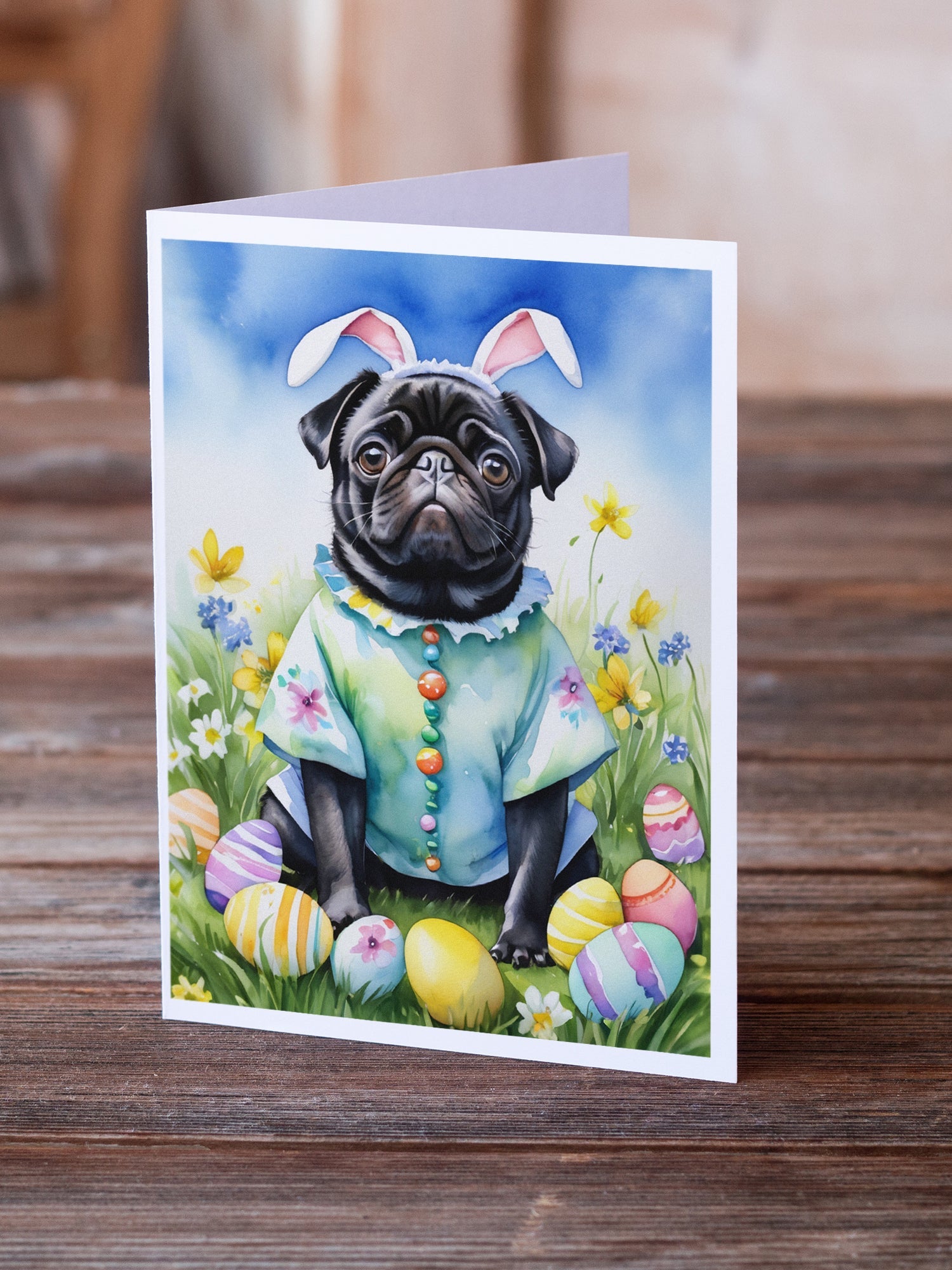 Pug Easter Egg Hunt Greeting Cards Pack of 8 Blank Cards with Envelopes Whimsical A7 Size 5x7