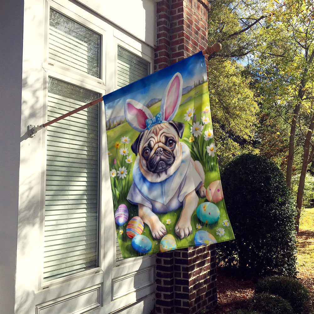 Pug Easter Egg Hunt House Flag 28x40 Porch Sleeve Pole Decorative Outside Yard Banner Artwork Wall Hanging, Polyester