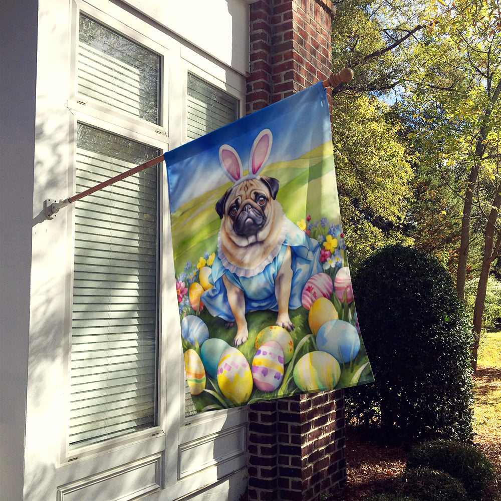 Pug Easter Egg Hunt House Flag 28x40 Porch Sleeve Pole Decorative Outside Yard Banner Artwork Wall Hanging, Polyester