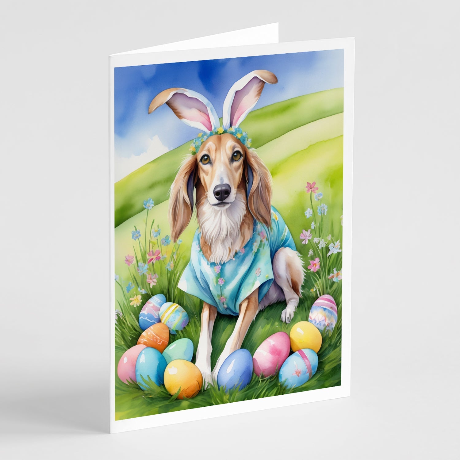 Saluki Easter Egg Hunt Greeting Cards Pack of 8 Blank Cards with Envelopes Whimsical A7 Size 5x7