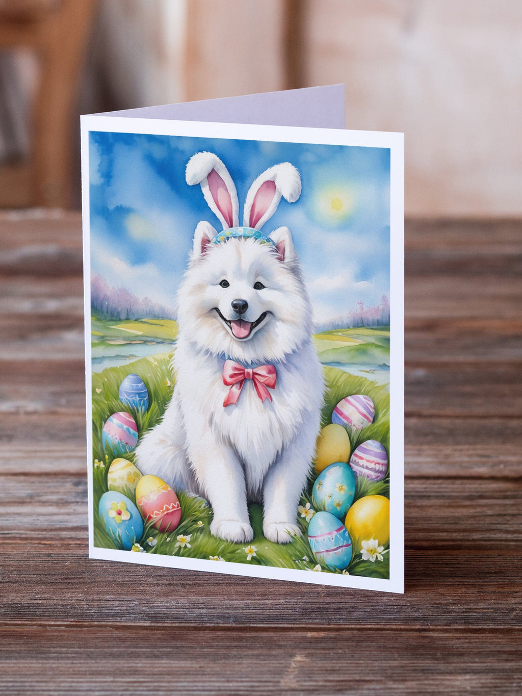 Samoyed Easter Egg Hunt Greeting Cards Pack of 8 Blank Cards with Envelopes Whimsical A7 Size 5x7