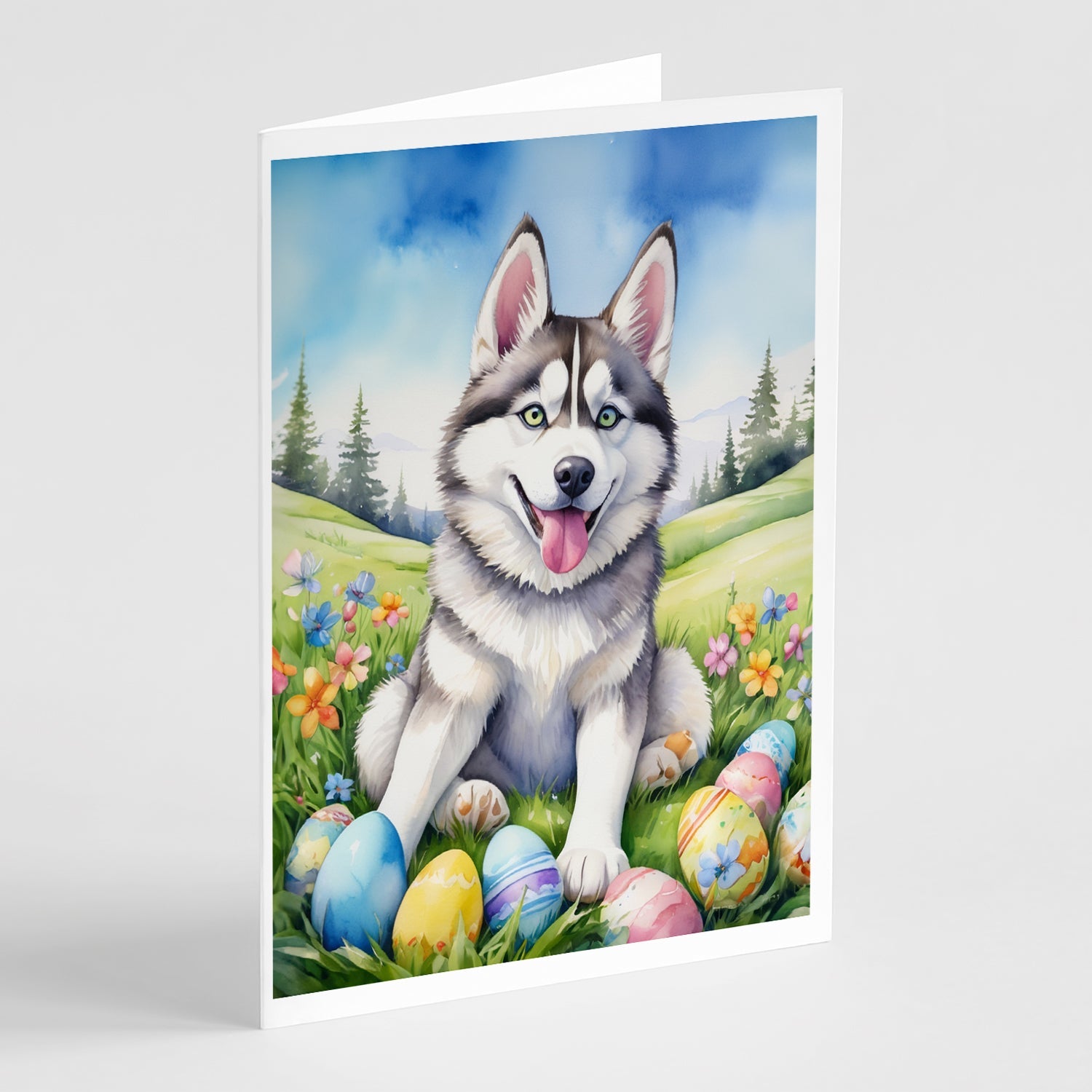 Siberian Husky Easter Egg Hunt Greeting Cards Pack of 8 Blank Cards with Envelopes Whimsical A7 Size 5x7