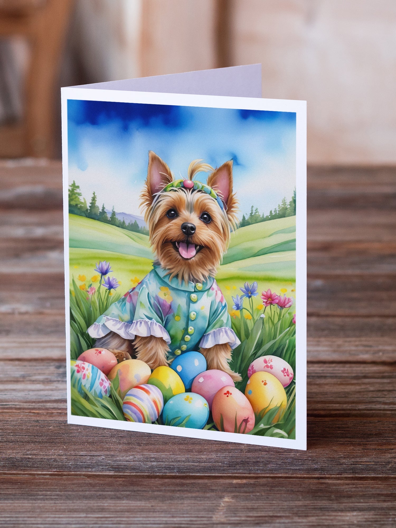 Silky Terrier Easter Egg Hunt Greeting Cards Pack of 8 Blank Cards with Envelopes Whimsical A7 Size 5x7