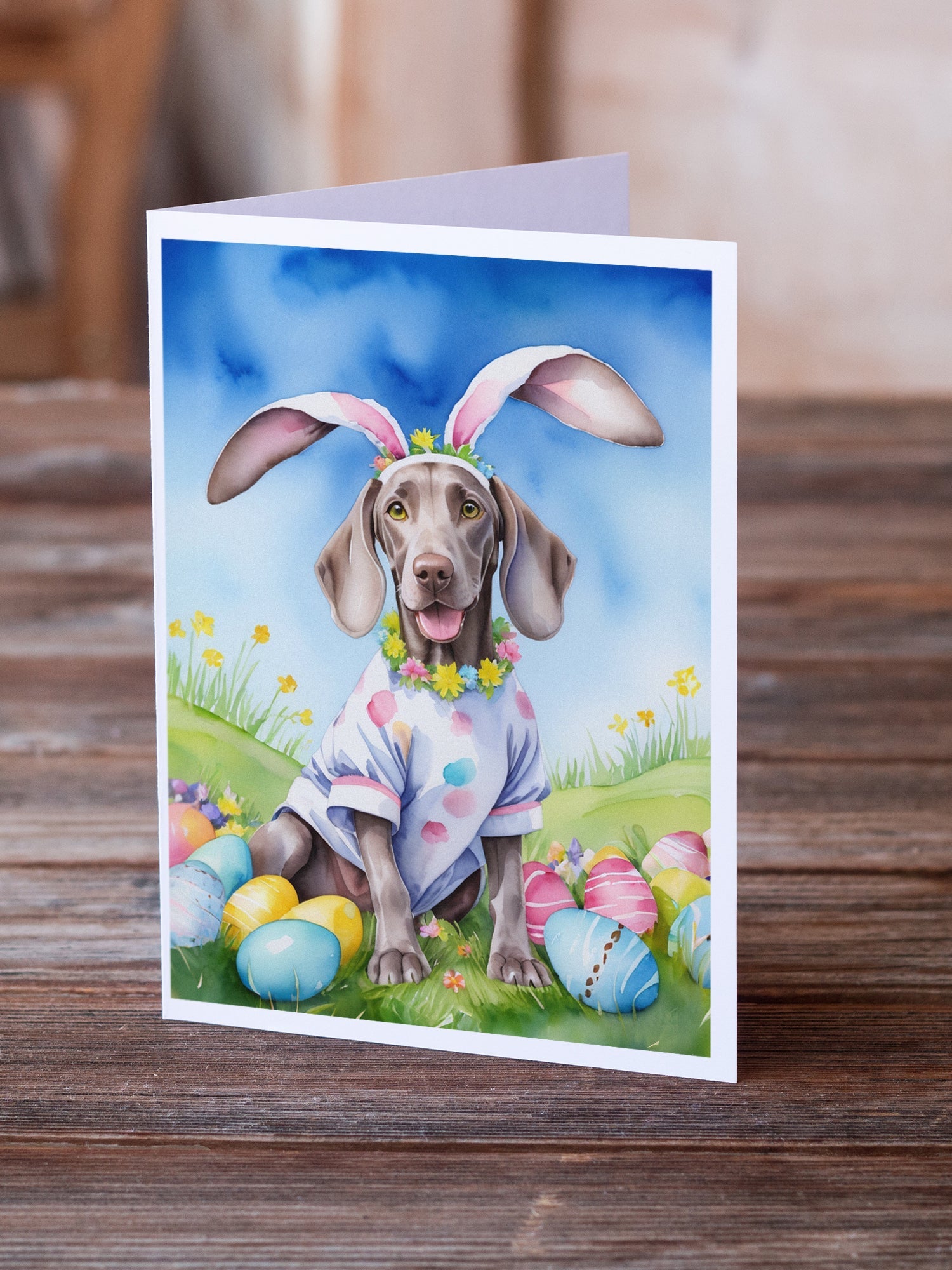 Weimaraner Easter Egg Hunt Greeting Cards Pack of 8 Blank Cards with Envelopes Whimsical A7 Size 5x7