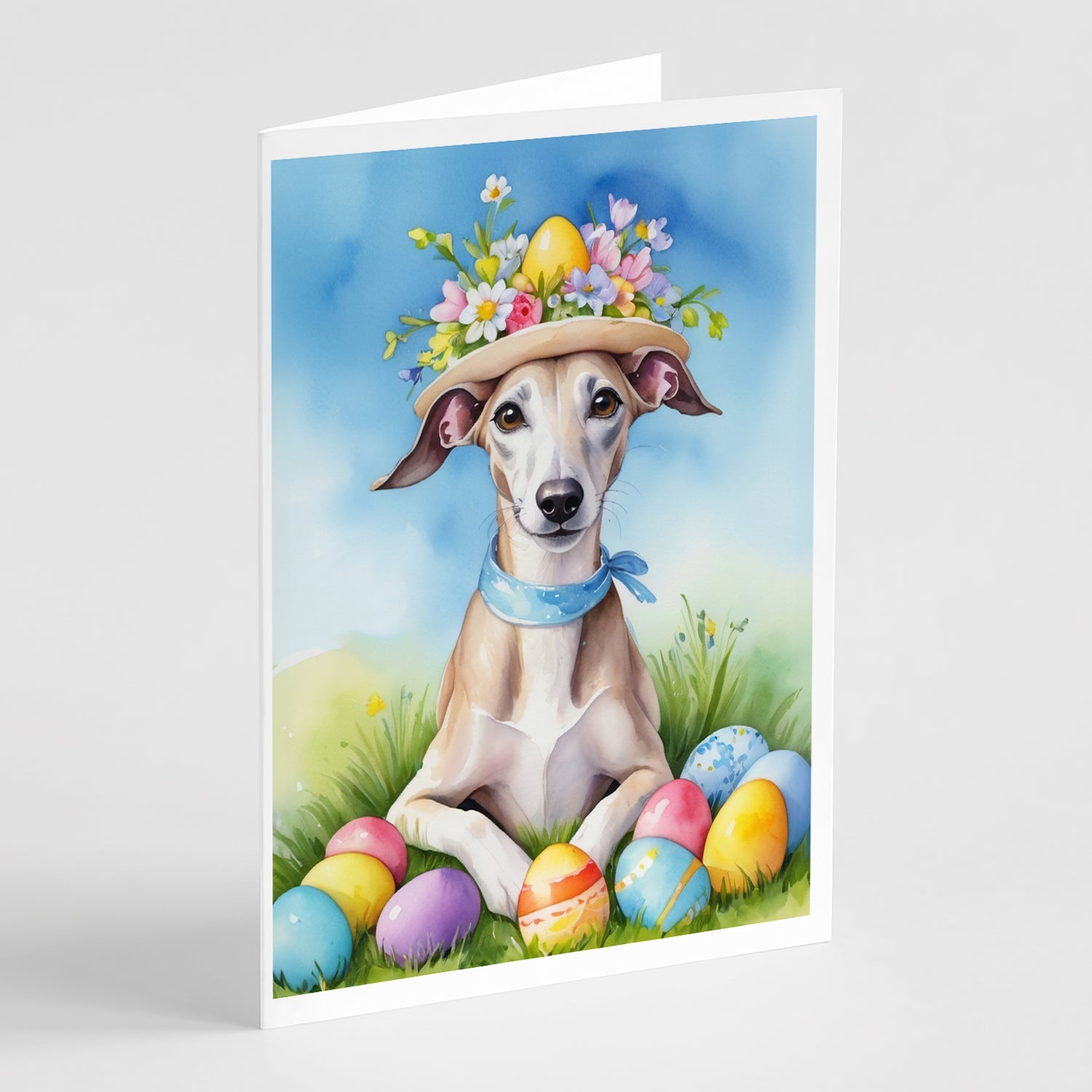 Whippet Easter Egg Hunt Greeting Cards Pack of 8 Blank Cards with Envelopes Whimsical A7 Size 5x7