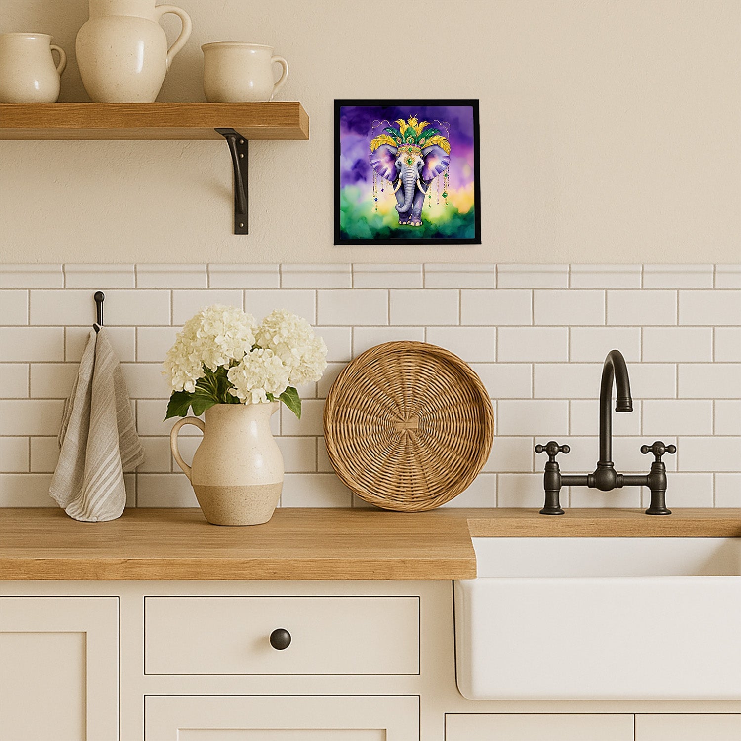 Elephant King of Mardi Gras Framed Metal Print Bathroom, Kitchen, Office, Home Decor Wall Art Ready to Hang, Square, 8X8