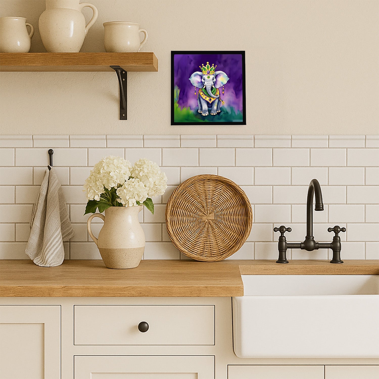 Elephant King of Mardi Gras Framed Metal Print Bathroom, Kitchen, Office, Home Decor Wall Art Ready to Hang, Square, 8X8