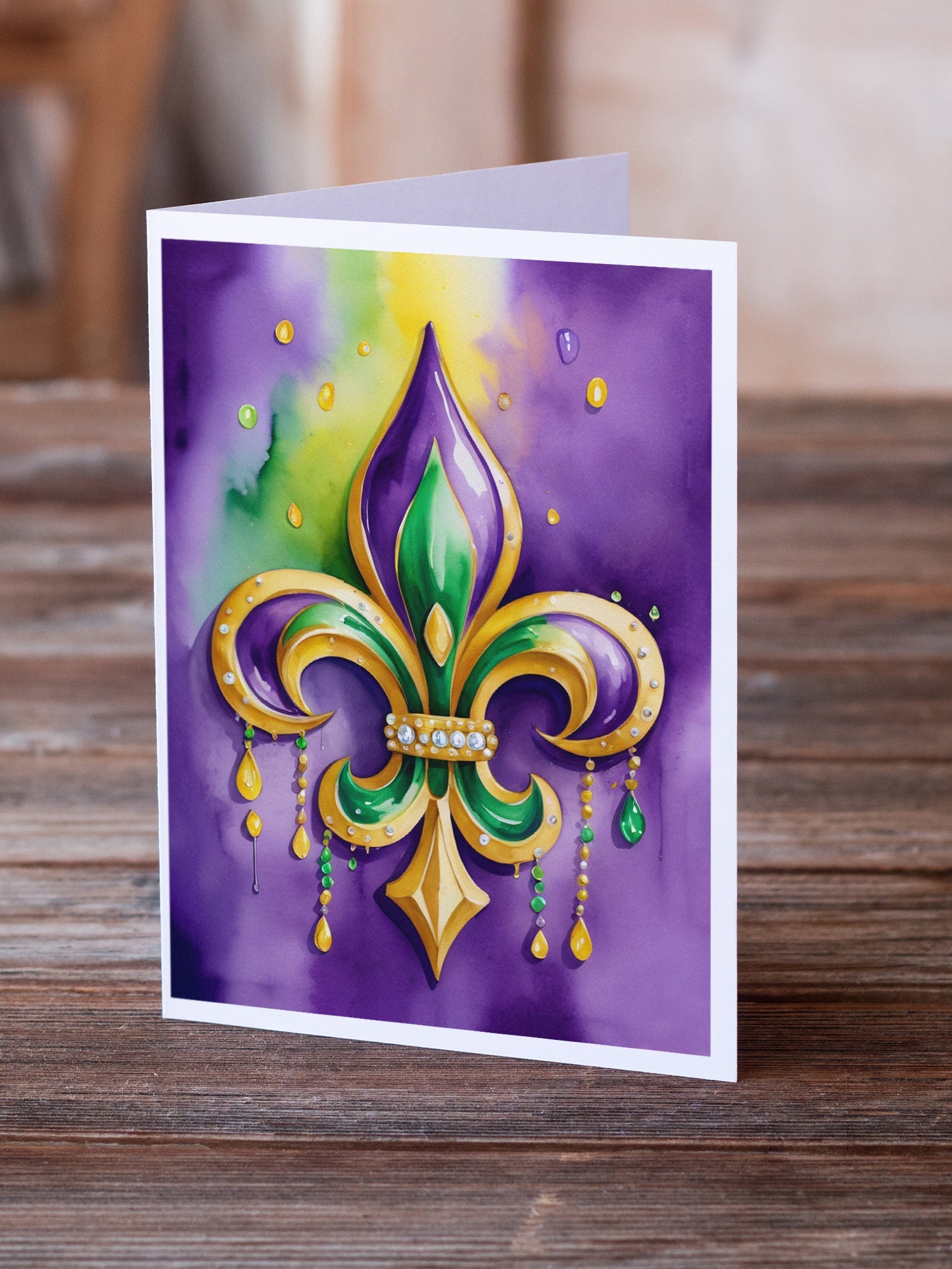 Fleur de lis Mardi Gras Greeting Cards Pack of 8 Blank Cards with Envelopes Whimsical A7 Size 5x7
