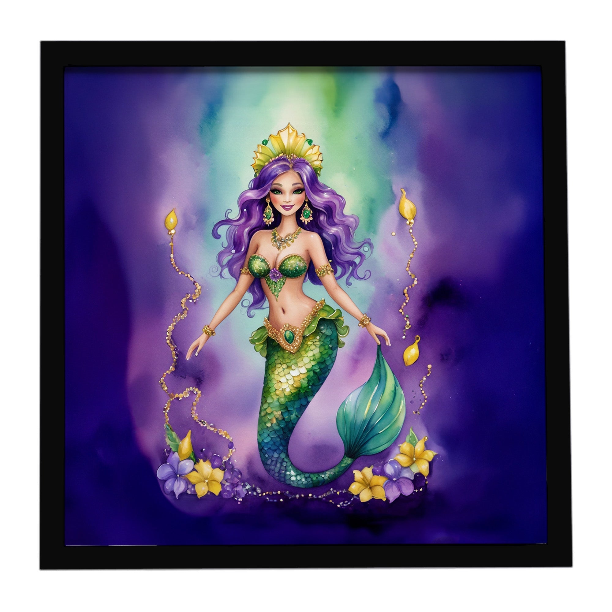 Mermaid Mardi Gras Framed Metal Print Bathroom, Kitchen, Office, Home Decor Wall Art Ready to Hang, Square, 8X8