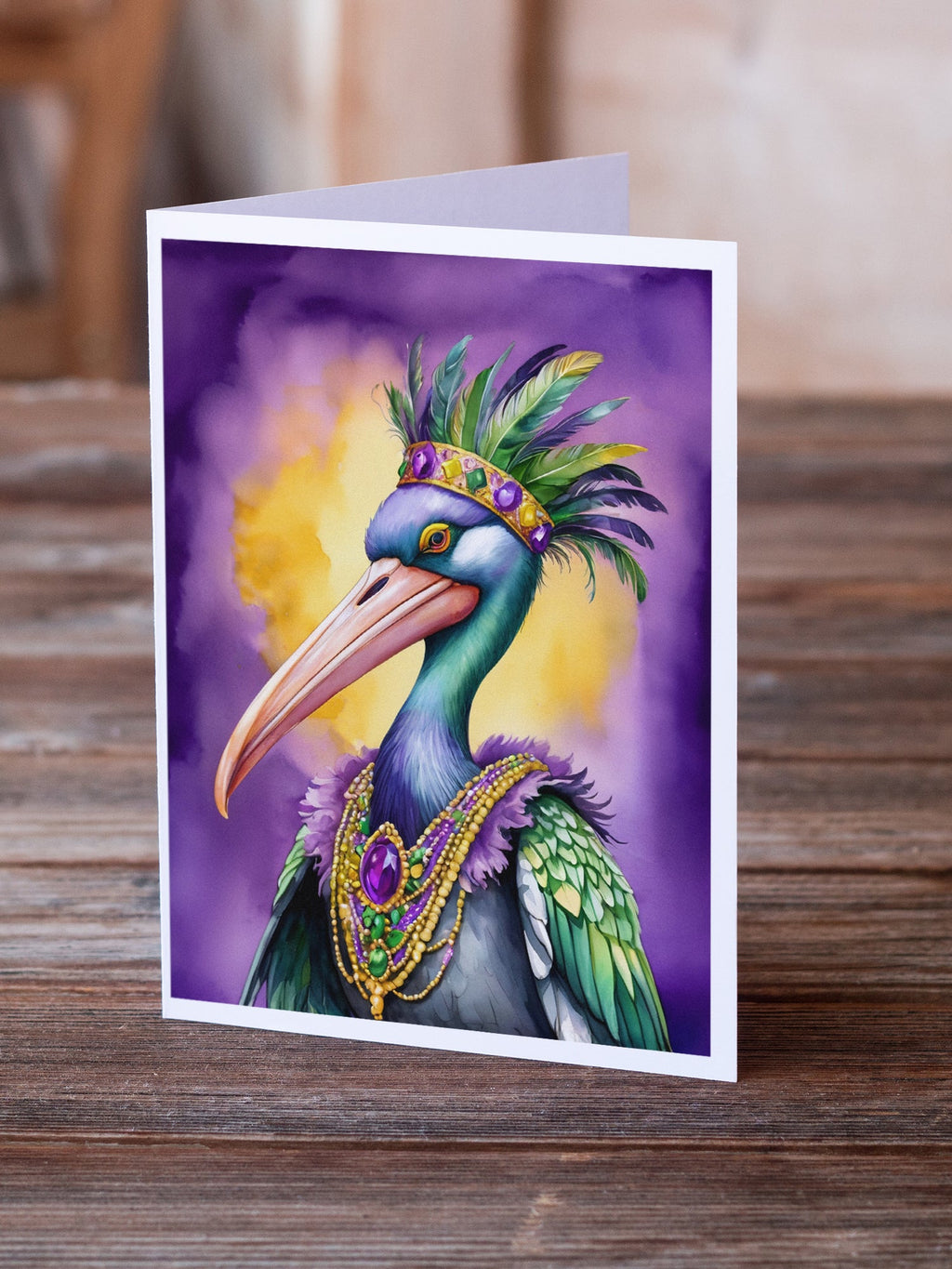 Pelican Mardi Gras Greeting Cards Pack of 8 Blank Cards with Envelopes Whimsical A7 Size 5x7