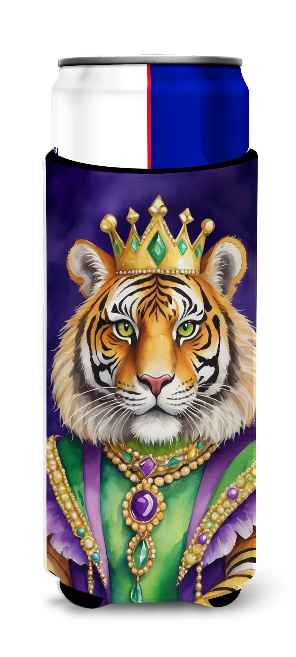 Tiger the King of Mardi Gras Slim Can Hugger , Insulated Foam Hugger for 12 oz Slim Cans, Beer Bottles & Water Bottles, Printed in USA