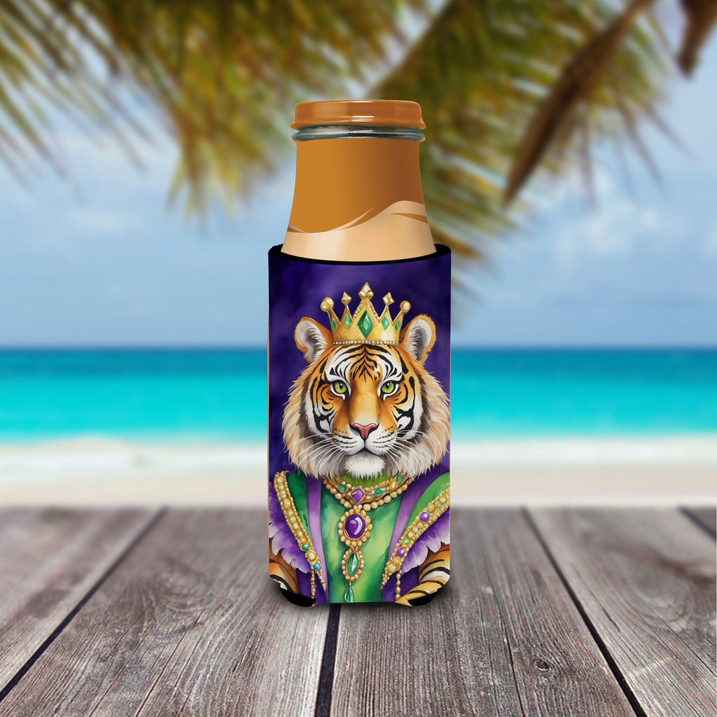 Tiger the King of Mardi Gras Slim Can Hugger , Insulated Foam Hugger for 12 oz Slim Cans, Beer Bottles & Water Bottles, Printed in USA