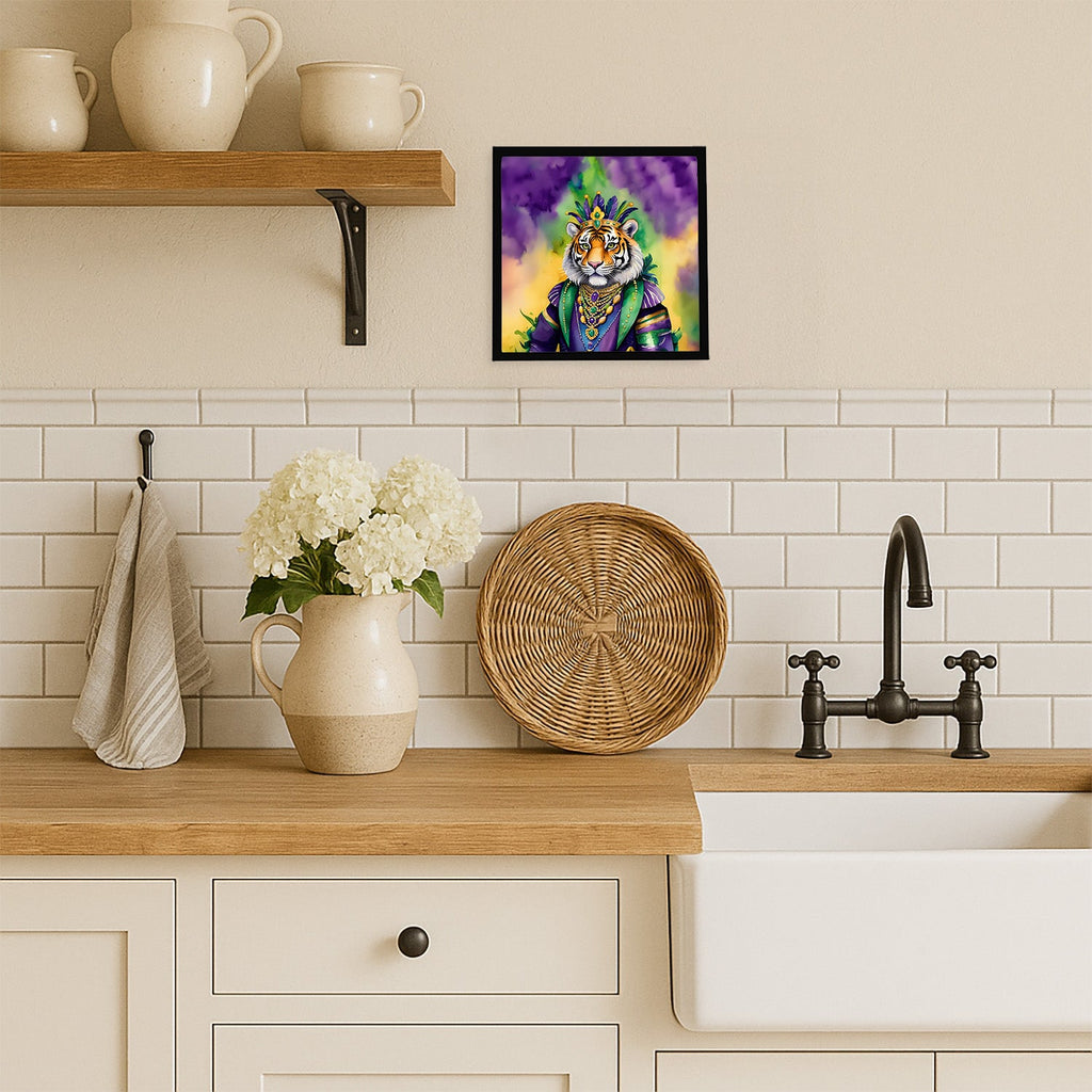 Tiger the King of Mardi Gras Framed Metal Print Bathroom, Kitchen, Office, Home Decor Wall Art Ready to Hang, Square, 8X8