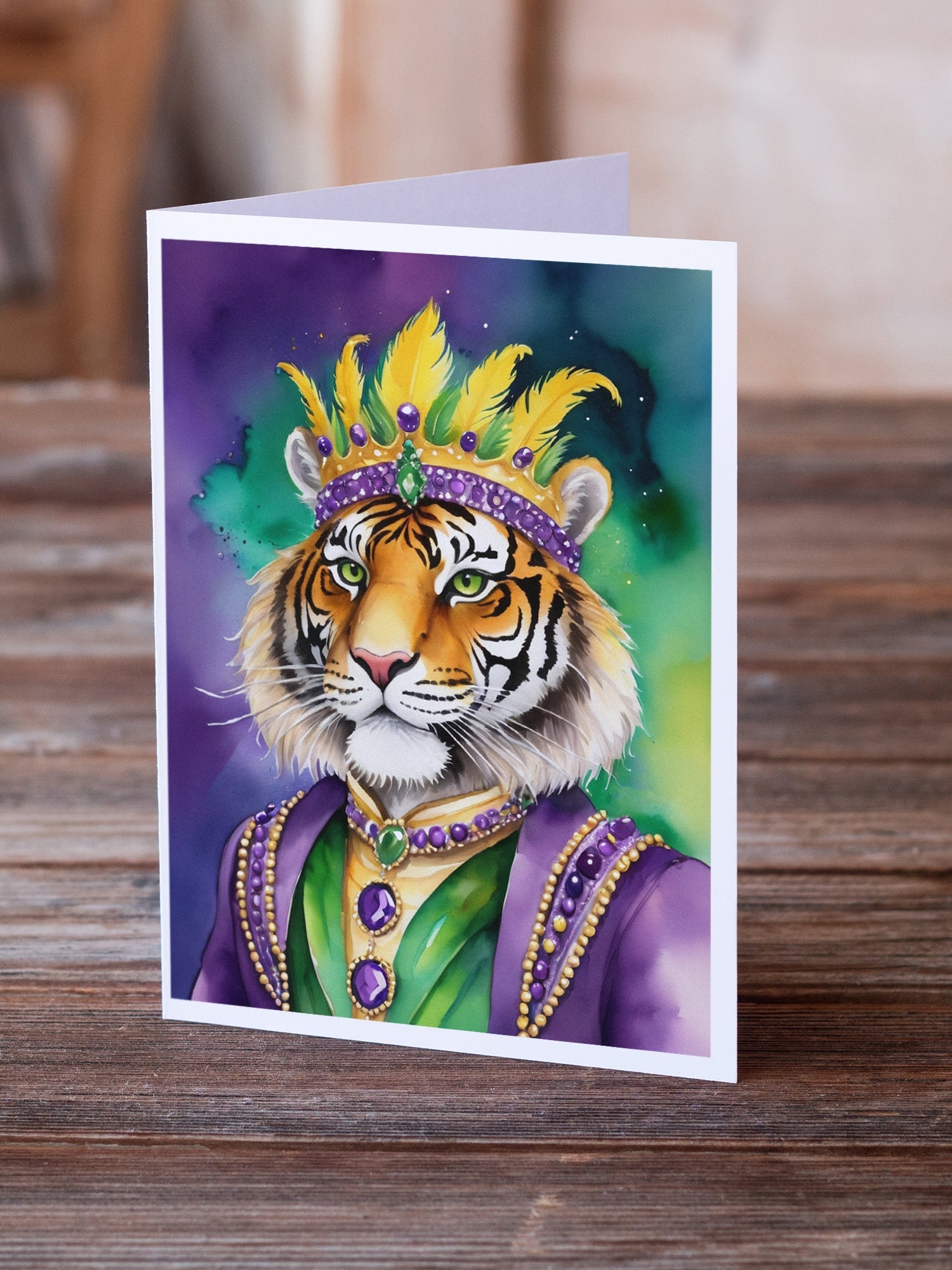 Tiger the King of Mardi Gras Greeting Cards Pack of 8 Blank Cards with Envelopes Whimsical A7 Size 5x7