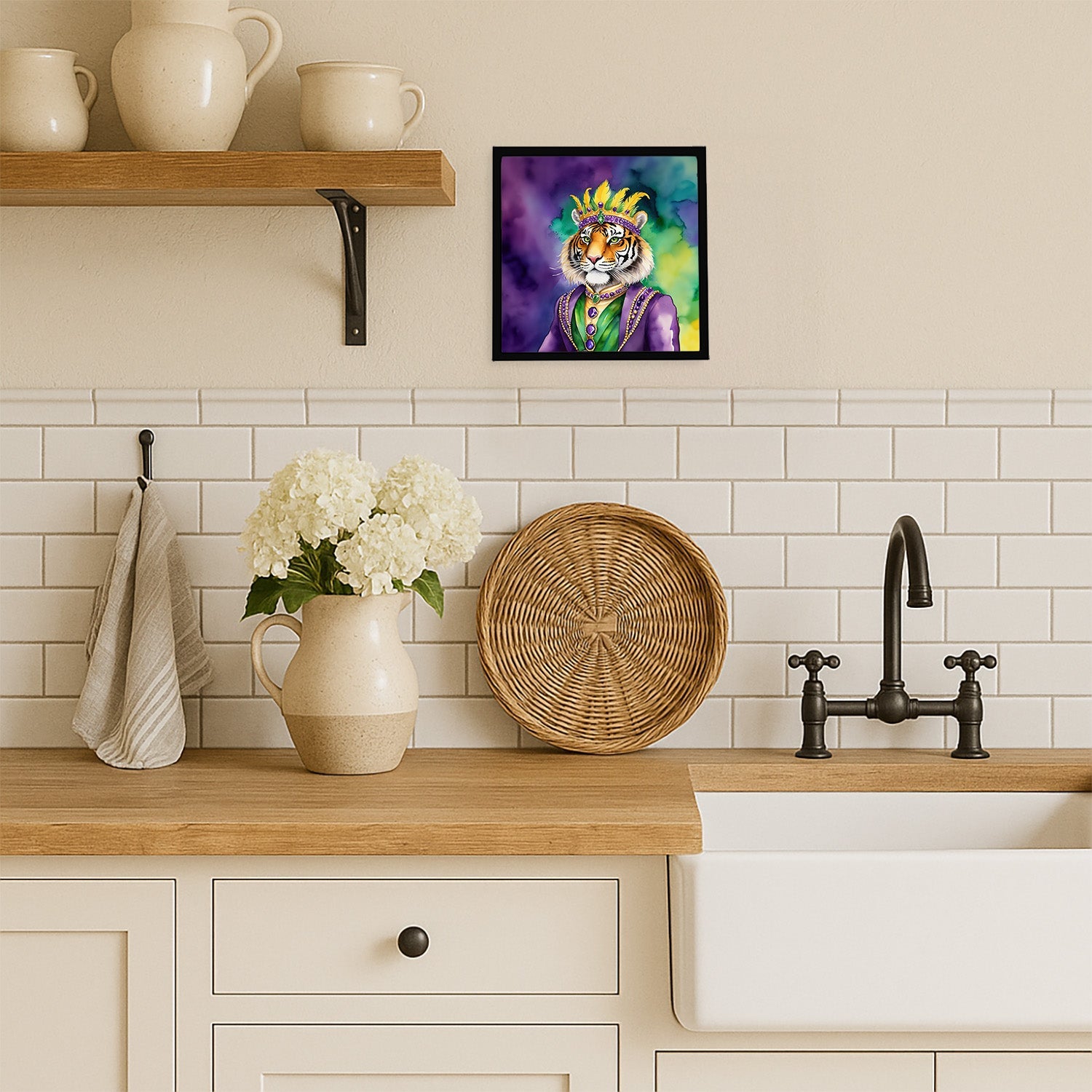 Tiger the King of Mardi Gras Framed Metal Print Bathroom, Kitchen, Office, Home Decor Wall Art Ready to Hang, Square, 8X8