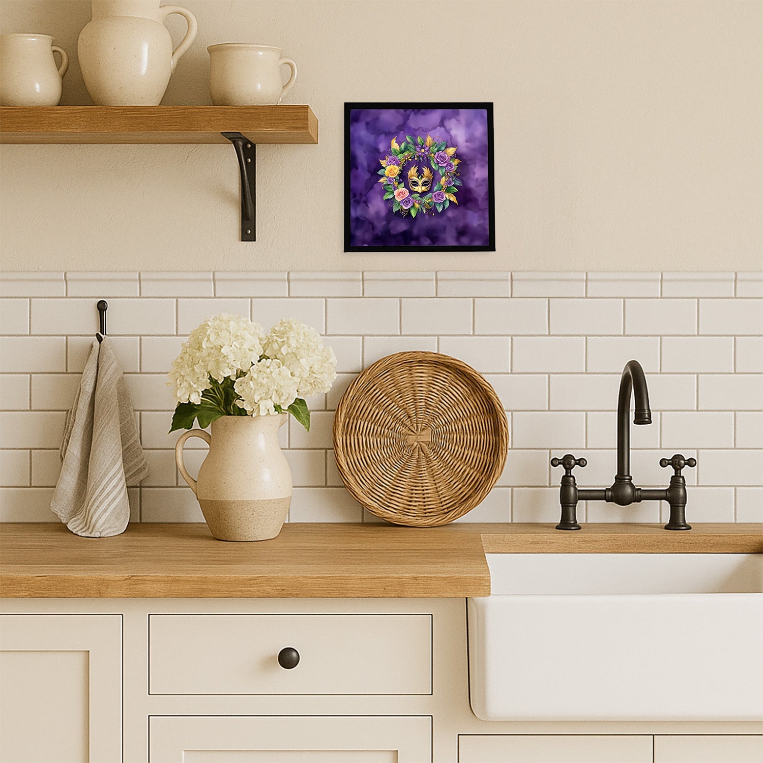 Wreath Mardi Gras Framed Metal Print Bathroom, Kitchen, Office, Home Decor Wall Art Ready to Hang, Square, 8X8