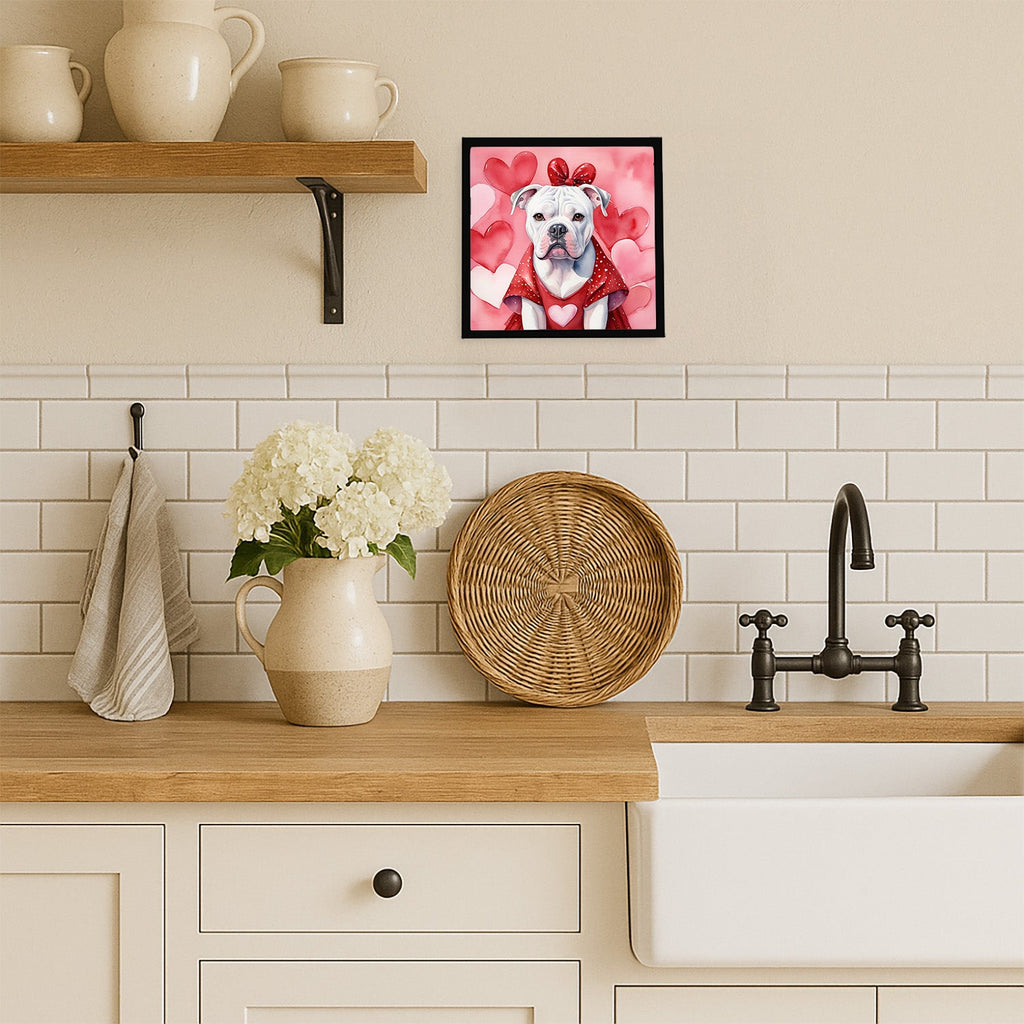 American Bulldog My Valentine Framed Metal Print Bathroom, Kitchen, Office, Home Decor Wall Art Ready to Hang, Square, 8X8