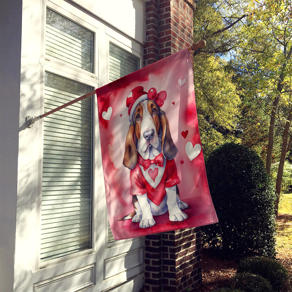 Basset Hound My Valentine House Flag 28x40 Porch Sleeve Pole Decorative Outside Yard Banner Artwork Wall Hanging, Polyester