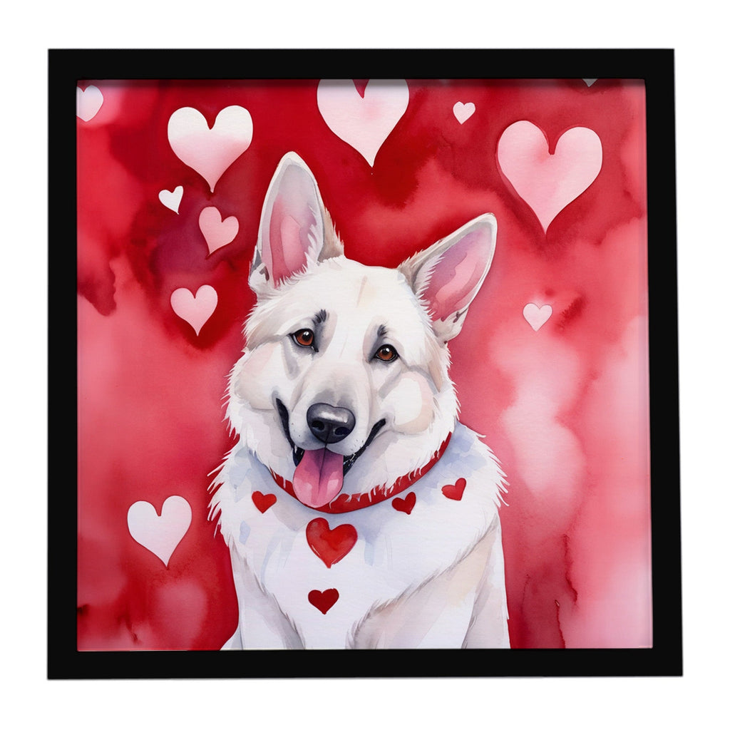 White German Shepherd My Valentine Framed Metal Print Bathroom, Kitchen, Office, Home Decor Wall Art Ready to Hang, Square, 8X8